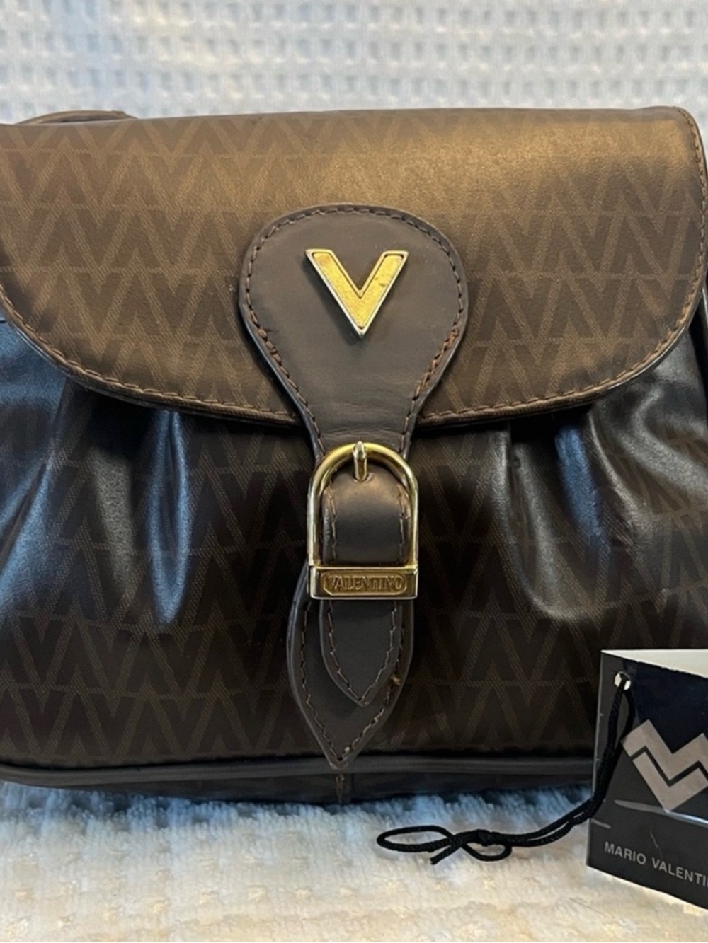 Mario Valentino Brown Logo-Pattern Shoulder Bag with Gold V Emblem